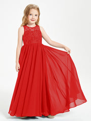 Long Junior Bridesmaid Dresses Illusion Lace Top Red