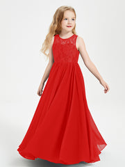 Long Junior Bridesmaid Dresses Illusion Lace Top Red