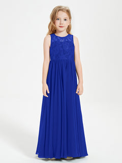 Long Junior Bridesmaid Dresses Illusion Lace Top Royal Blue