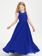 Long Junior Bridesmaid Dresses Illusion Lace Top Royal Blue