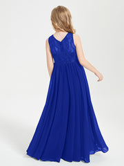 Long Junior Bridesmaid Dresses Illusion Lace Top Royal Blue