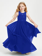 Long Junior Bridesmaid Dresses Illusion Lace Top Royal Blue