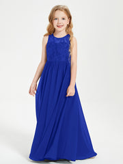 Long Junior Bridesmaid Dresses Illusion Lace Top Royal Blue