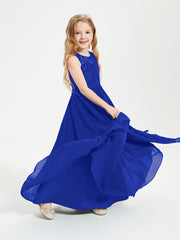Long Junior Bridesmaid Dresses Illusion Lace Top Royal Blue