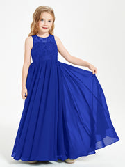 Long Junior Bridesmaid Dresses Illusion Lace Top Royal Blue