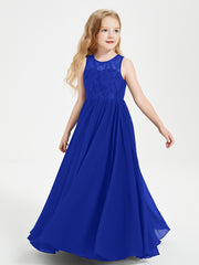 Long Junior Bridesmaid Dresses Illusion Lace Top Royal Blue