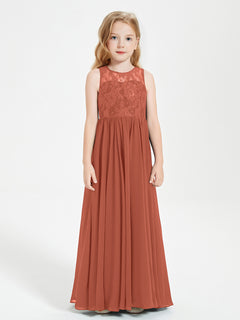 Long Junior Bridesmaid Dresses Illusion Lace Top Rust