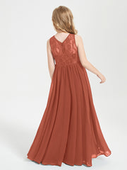 Long Junior Bridesmaid Dresses Illusion Lace Top Rust