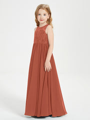 Long Junior Bridesmaid Dresses Illusion Lace Top Rust