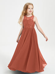 Long Junior Bridesmaid Dresses Illusion Lace Top Rust