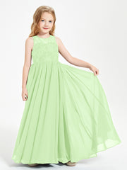 Long Junior Bridesmaid Dresses Illusion Lace Top Sage
