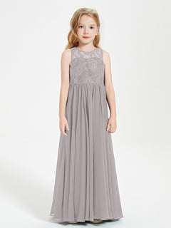 Long Junior Bridesmaid Dresses Illusion Lace Top Silver