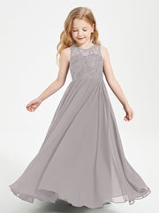 Long Junior Bridesmaid Dresses Illusion Lace Top Silver