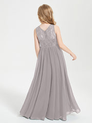 Long Junior Bridesmaid Dresses Illusion Lace Top Silver