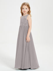 Long Junior Bridesmaid Dresses Illusion Lace Top Silver