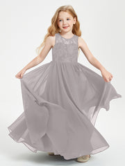 Long Junior Bridesmaid Dresses Illusion Lace Top Silver