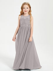 Long Junior Bridesmaid Dresses Illusion Lace Top Silver