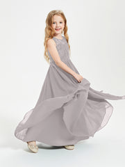 Long Junior Bridesmaid Dresses Illusion Lace Top Silver
