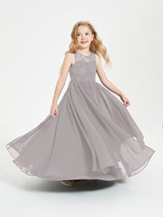 Long Junior Bridesmaid Dresses Illusion Lace Top Silver