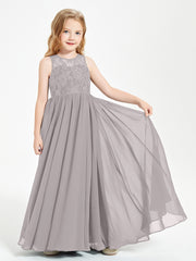 Long Junior Bridesmaid Dresses Illusion Lace Top Silver
