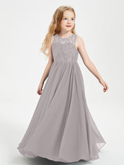 Long Junior Bridesmaid Dresses Illusion Lace Top Silver