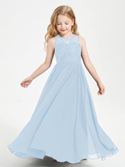 Long Junior Bridesmaid Dresses Illusion Lace Top Sky Blue