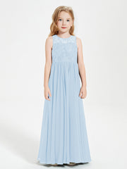 Long Junior Bridesmaid Dresses Illusion Lace Top Sky Blue
