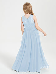 Long Junior Bridesmaid Dresses Illusion Lace Top Sky Blue