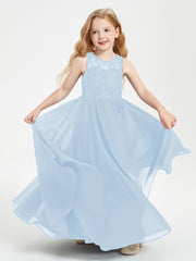 Long Junior Bridesmaid Dresses Illusion Lace Top Sky Blue