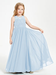 Long Junior Bridesmaid Dresses Illusion Lace Top Sky Blue