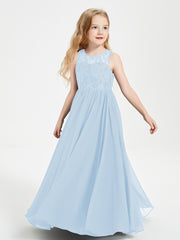 Long Junior Bridesmaid Dresses Illusion Lace Top Sky Blue