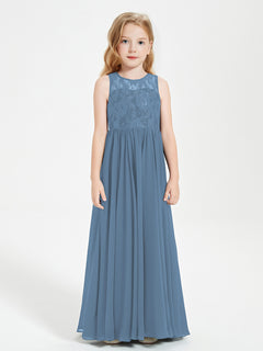 Long Junior Bridesmaid Dresses Illusion Lace Top Slate Blue