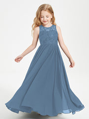 Long Junior Bridesmaid Dresses Illusion Lace Top Slate Blue
