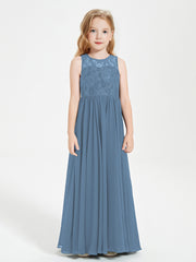 Long Junior Bridesmaid Dresses Illusion Lace Top Slate Blue