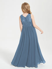 Long Junior Bridesmaid Dresses Illusion Lace Top Slate Blue