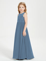 Long Junior Bridesmaid Dresses Illusion Lace Top Slate Blue