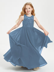 Long Junior Bridesmaid Dresses Illusion Lace Top Slate Blue