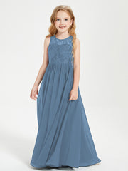 BABARONI Chiffon Slate Blue Junior Bridesmaid Dresses A-line Illusion Sleeveless Lace Ruched Floor-length, Slate Blue / J4