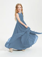 Long Junior Bridesmaid Dresses Illusion Lace Top Slate Blue
