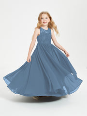 Long Junior Bridesmaid Dresses Illusion Lace Top Slate Blue