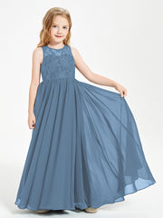 Long Junior Bridesmaid Dresses Illusion Lace Top Slate Blue