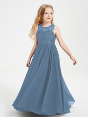Long Junior Bridesmaid Dresses Illusion Lace Top Slate Blue