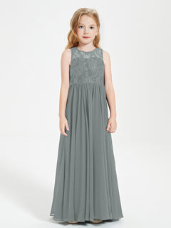 Long Junior Bridesmaid Dresses Illusion Lace Top Steel Grey