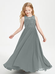 Long Junior Bridesmaid Dresses Illusion Lace Top Steel Grey