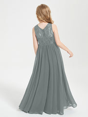 Long Junior Bridesmaid Dresses Illusion Lace Top Steel Grey