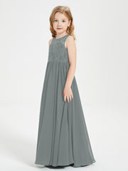 Long Junior Bridesmaid Dresses Illusion Lace Top Steel Grey