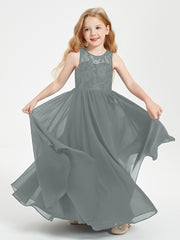 Long Junior Bridesmaid Dresses Illusion Lace Top Steel Grey