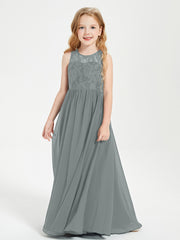Long Junior Bridesmaid Dresses Illusion Lace Top Steel Grey