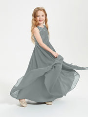 Long Junior Bridesmaid Dresses Illusion Lace Top Steel Grey