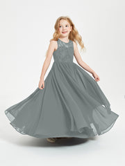 Long Junior Bridesmaid Dresses Illusion Lace Top Steel Grey